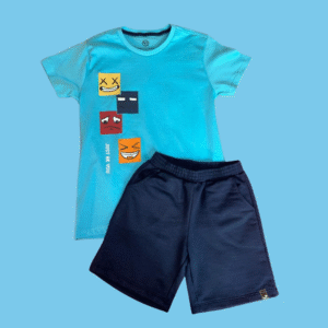 Conjunto Carinhas - Blusa Azul e Bermuda Azul Marinho